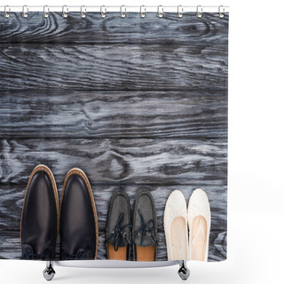 Personality  Top View Of Father And Kids Leather Shoes On Wooden Surface, Happy Fathers Day Concept Shower Curtains