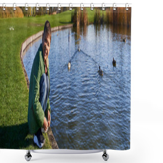 Personality  Happy African American Boy In Outerwear Sitting Near Pond With Ducks, Nature And Kid, Banner Shower Curtains