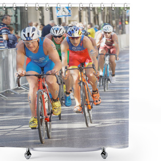Personality  STOCKHOLM - AUG 26, 2017: Closeup Of Fighting Cycling Triathletes Blummenfelt, Mola And Competitors  In The Men's ITU World Triathlon Series Event August 26, 2017 In Stockholm, Sweden Shower Curtains