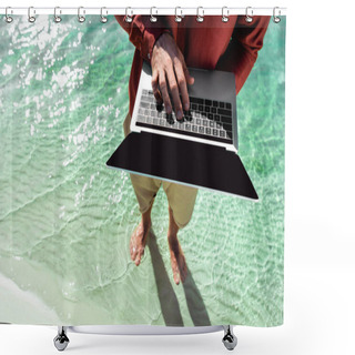 Personality  Top View Of Freelancer With Laptop Standing In Turquoise Water Shower Curtains
