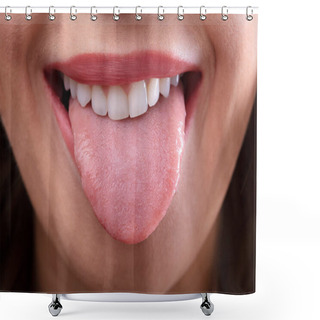Personality  Close-up Of A Woman's Face Showing Her Clean Tongue Shower Curtains