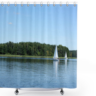 Personality  Sailboat Boat Floats On The Lake And Blue Sky Sail Shower Curtains