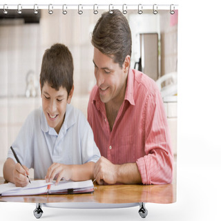 Personality  Man Helping Young Boy In Kitchen Doing Homework And Smiling Shower Curtains