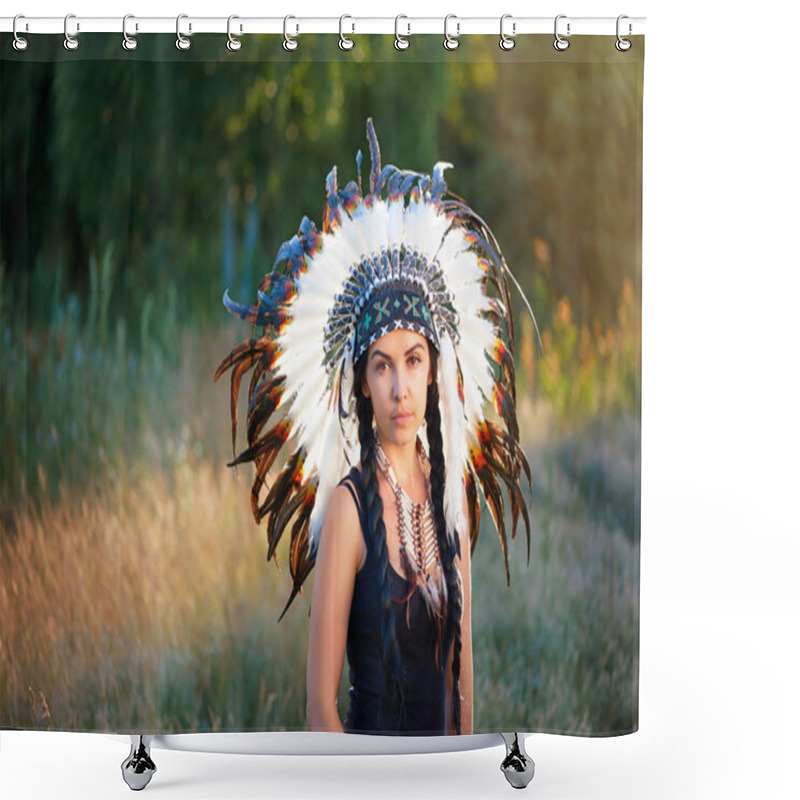 Personality  Young Attractive Woman In Costume Of American Indian Outdoors Shower Curtains
