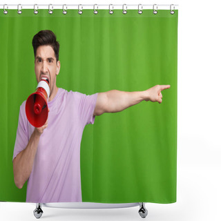 Personality  Photo Of Crazy Mad Man Dressed Purple Stylish Clothes Arm Indicating Empty Space Isolated On Green Color Background. Shower Curtains