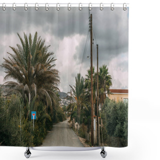 Personality  Green Leaves On Palm Trees Near Road Against Grey And Cloudy Sky  Shower Curtains