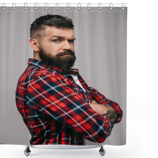 Personality  Suspicious Bearded Man In Checkered Shirt Isolated On Grey Shower Curtains