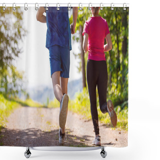 Personality  Young Couple Jogging On Sunny Day At Nature Shower Curtains