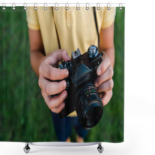 Personality  Cropped View Of Kid Holding Digital Camera In Hands  Shower Curtains