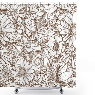Personality  Seamless Floral Pattern With Beautiful Flowers, Monochrome Style Shower Curtains