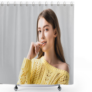 Personality  Beautiful, Flirty Girl Looking At Camera While Touching Lips Isolated On Grey Shower Curtains