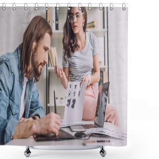 Personality  Selective Focus Of Bearded Animator Working Near Attractive Coworker  Shower Curtains
