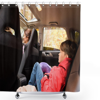 Personality  Smiling Boy In Back Seat Of Car Shower Curtains