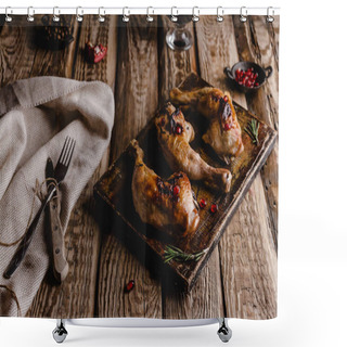 Personality  Close-up Shot Of Delicious Grilled Chicken Legs On Wooden Board With Cutlery Shower Curtains