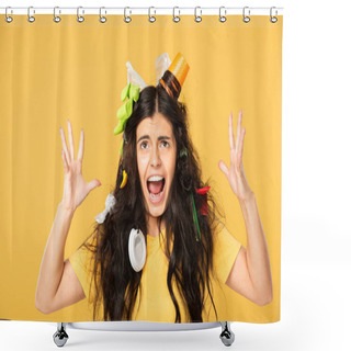 Personality  Angry Girl Shouting With Rubbish In Hair Isolated On Yellow Shower Curtains