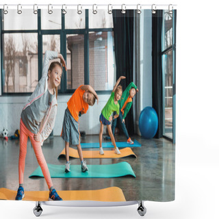 Personality  Selective Focus Of Multicultural Children Warming Up On Fitness Mats In Sports Center Shower Curtains