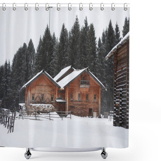 Personality  Retro Wooden House In The Forest In Russian North Shower Curtains