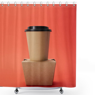 Personality  Close Up View Of Disposable Coffee Cup And Noodle Box On Red, Minimalistic Concept  Shower Curtains