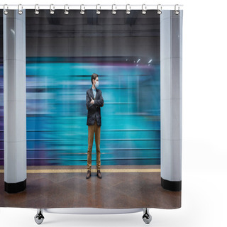 Personality  Motion Blur Of Man In Medical Mask Standing With Crossed Arms Near Passing Wagon In Subway  Shower Curtains