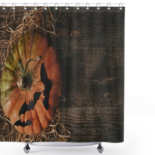 Personality  Top View Of Pumpkin And Paper Bats On Wooden Table, Halloween Concept  Shower Curtains