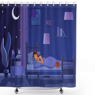 Personality  Young Tired Woman Sleeping In Bed Covered With Quilt. Student Female Sleep At Night In Dark Bedroom Interior Cartoon Flat Vector Illustration. Shower Curtains