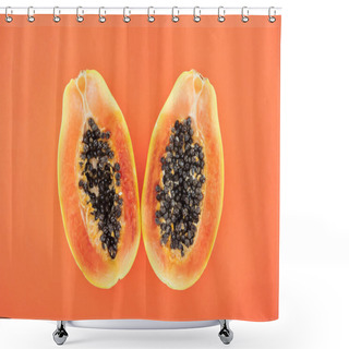 Personality  Top View Of Ripe Bright Papaya Halves With Black Seeds Isolated On Orange Shower Curtains