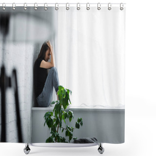 Personality  Selective Focus Of Depressed Young Woman Crying While Sitting On Window Sill And Holding Hands On Head Shower Curtains
