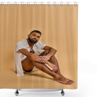 Personality  A Man Sits On The Ground With His Legs Crossed, Appearing Thoughtful And Immersed In Deep Contemplation. Shower Curtains