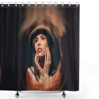 Personality  Portrait Of Stylish Thoughtful Woman In Hat Looking Away Shower Curtains