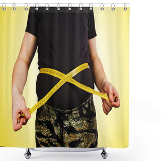 Personality  Body Of Young Man With Excess Weight, Keep Belly Fat In A T Shirt, Measure Itself With A Measuring Tape On Yellow Background. Shower Curtains
