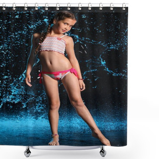 Personality  Adorable Young Teenage Girl In A Swimsuit Stands Barefoot In Splashing Water. Pretty Child With Dark Hair, Beautiful Face And A Slim Figure. Slender Preteen In A Bikini. Shower Curtains