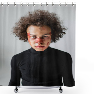 Personality  Injured African American Man With Broken Nose And Bleeding Face Looking At Camera Isolated On Grey Shower Curtains