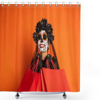 Personality  Happy Woman With Closed Eyes And Spooky Catrina Makeup Holding Shopping Bags Isolated On Orange Shower Curtains