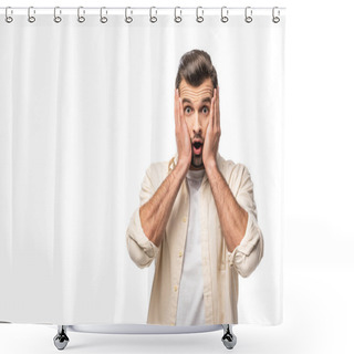Personality  Surprised Man Looking At Camera And Touching Face Isolated On White With Copy Space Shower Curtains