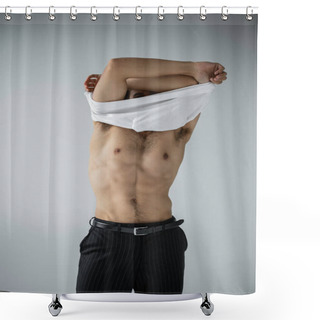 Personality  Sexy And Muscular Man In Trousers Taking Off White T-shirt On Grey  Shower Curtains
