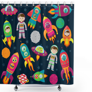 Personality  Vector Collection Of Cartoon Rocketships, Aliens, Robots, Astronauts And Planets Shower Curtains