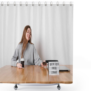 Personality  Happy Girl Sitting Relaxed At The Table With Sign Device Free Zone. Digital Detox Concept Shower Curtains