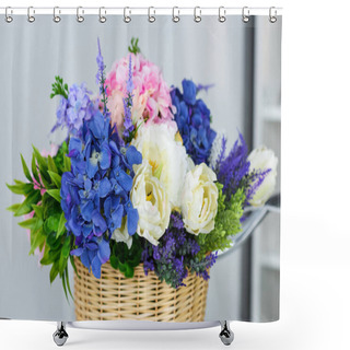 Personality  Close Up View Of Beautiful Springtime Bouquet Of Flowers In Straw Basket Shower Curtains