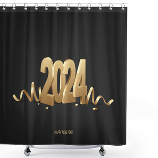 Personality  Happy New Year 2024. Golden 3D Numbers With Ribbons And Confetti On A Black Background. Shower Curtains