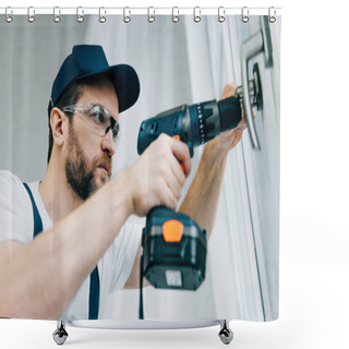 Personality  Adult Repairman In Goggles Fixing Window Handle By Electric Drill  Shower Curtains