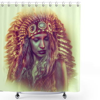 Personality  Colorful, Beautiful Girl With Plume Of American Indian Feathers Shower Curtains