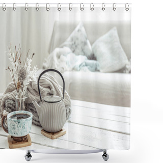 Personality  A Teapot And A Beautiful Ceramic Cup With Decor Details In A Hygge Style Living Room. The Concept Of Home Comfort And Modern Style. Shower Curtains