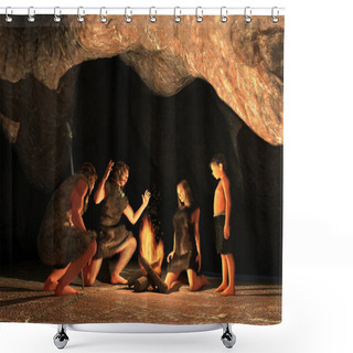 Personality  Cave Dwellers Gathered Around A Campfire Shower Curtains