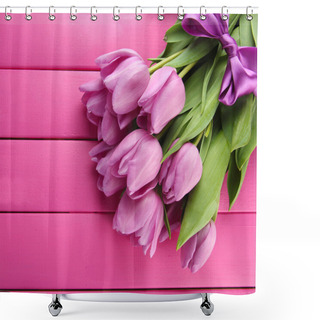 Personality  Beautiful Bouquet Of Purple Tulips On Pink Wooden Background Shower Curtains