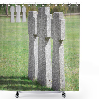 Personality  Identical Old Memorial Headstones Placed In Row At Graveyard Shower Curtains
