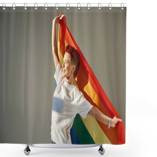 Personality  Happy And Unique Queer Person In White T-shirt Posing With Rainbow Colors LGBT Flag On Grey Backdrop Shower Curtains