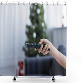 Personality  Cropped View Of Female Hand With Remote Controller Near Blurred Christmas Tree Shower Curtains