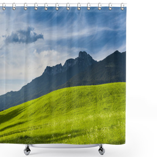 Personality  Sunny Lush Green Meadow On The Foothills Of Arugged Mountain Range, Scenic Background Of Natural Beauty Shower Curtains