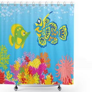 Personality  A Funny Butterflyfish And A Mandarin Fish Swimming In Blue Water Over A Colorful Coral Reef In A Tropical Sea, A Vector Illustration In Cartoon Style Shower Curtains