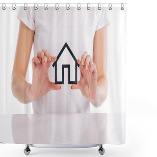 Personality  Partial View Of Woman Holding House Model In Hands Isolated On White, Mortgage Concept Shower Curtains